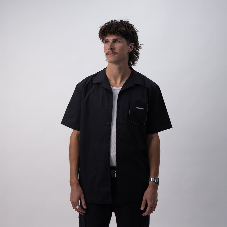 Ed's Black Contrast Stitch Camp Collar
