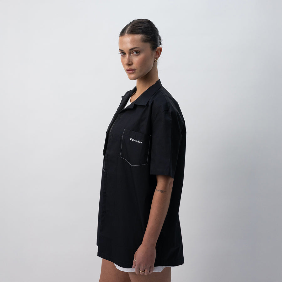 Ed's Black Contrast Stitch Camp Collar