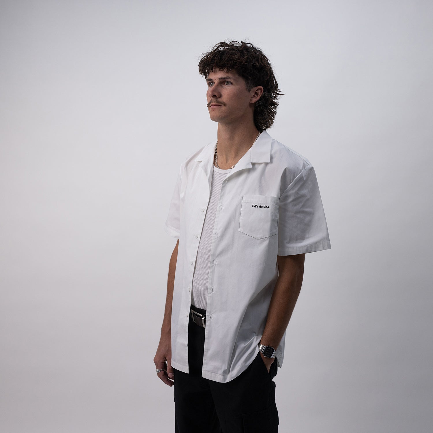 Ed's Whtite Contrast Stitch Camp Collar